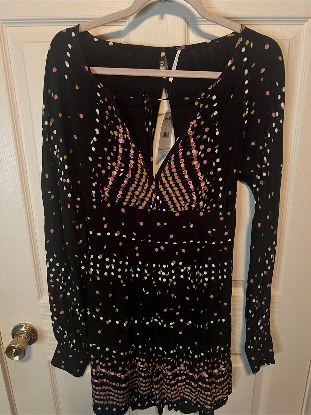 Free People Black Long-Sleeve V-Neck Dress with Pink, White & Lime Dot Print